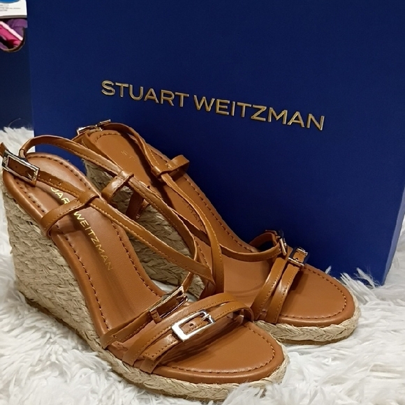 New Georgie Stuart Weitzman Tan Brown Wedge Espadrille Sandals SZ 6.5 - Picture 2 of 16